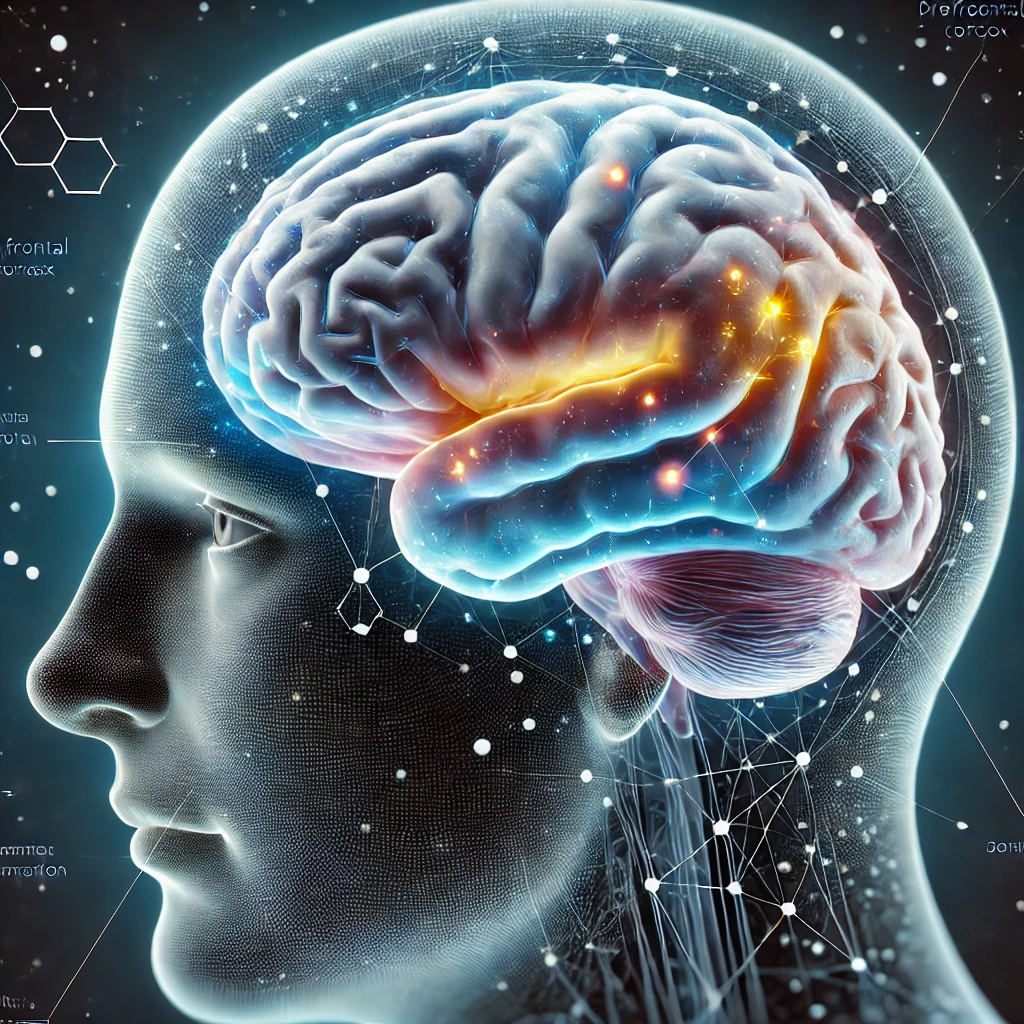 Imagine a unui creier uman cu cortexul prefrontal evidențiat